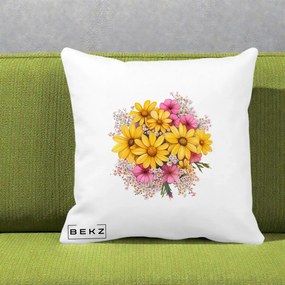 Perna Decorativa Floarea-Soarelui cu Cosmos Roz si Gypsophila, 40x40 cm, Alba Mata, Husa Detasabila, Perna Inclusa, BEKZ®