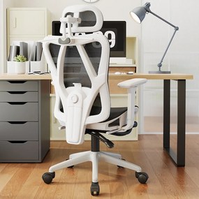 Scaun ergonomic cu suport lombar 4D, tetieră reglabilă 4D, cotiere 3D, pivotant 360°, suport pentru picioare, Mesh, Alb/Negru