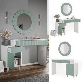 SEV201 - Set Masa alba toaleta 120 cm cosmetica machiaj, oglinda, masuta vanity, Alb-Verde