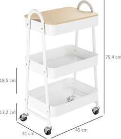 HOMCOM Carucior de depozitare din otel cu rotile cu 3 nivele, raft MDF, manere dim. 45L x 31l x 79.4H cm | Aosom Romania