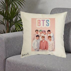 Perna Personalizata K-pop BTS Foto Grup cu BTS si Fond Roz Pastel, 40x40 cm, Ecru, Husa Detasabila, Perna Inclusa, BEKZ®