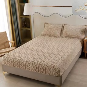 Husa de pat cu elastic si 2 fete de perna, cocolino tip jacquard, uni, pat 2 persoane, bej, C01