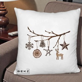 Perna Decorativa Ornamente de Lemn pe Ramura, 40x40 cm, Alb Pufos, Husa Detasabila, Perna Inclusa, BEKZ®