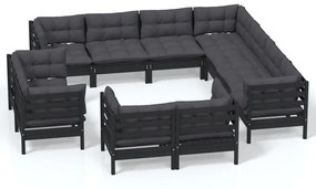 3096939 vidaXL Set mobilier grădină cu perne, 11 piese, negru, lemn masiv pin