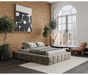 Pat matrimonial bej tapițat cu spațiu de depozitare cu somieră 160x200 cm Aruba L – Maison de Rêve