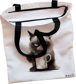 Sacosa de Panza pentru Cumparaturi, Geanta Tote, model Lazy Cat, Cu fermoar, 38x34.5 cm, Alba, BEKZ®