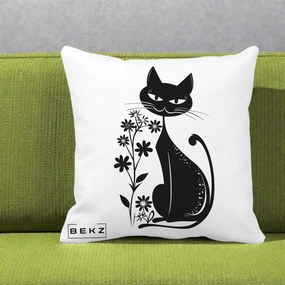 Perna Decorativa Pisica Neagra Grafica Minimalista, 40x40 cm, Alba Mata, Husa Detasabila, Perna Inclusa, BEKZ®