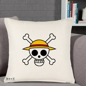 Perna Personalizata One Piece Jolly Roger Straw Hat Pirates, 40x40 cm, Crem Reliefat, Husa Detasabila, Perna Inclusa, BEKZ®