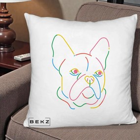Perna Decorativa Bulldog Francez Line Art Curcubeu, 40x40 cm, Alb Pufos, Husa Detasabila, Perna Inclusa, BEKZ®