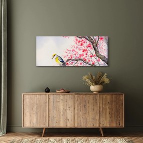 Tablou - Pasăre pe un copac cu flori roșii (120x50 cm)