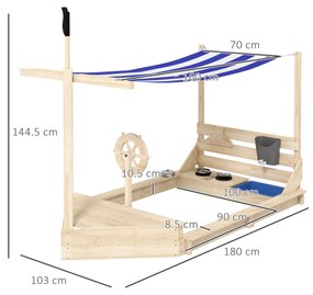 Outusunny Nisipar din Lemn pentru Copii cu Capac, Ladă de Nisip pentru Exterior cu Set de Joacă Inclus, 180x103x144,5 cm, Lemn Natural | Aosom Romania