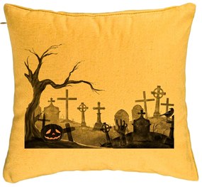 Perna Decorativa cu motiv Cimitir de Halloween, 40x40 cm, Galben, Husa Detasabila, Burduf