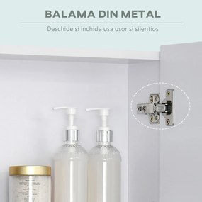 Kleankin Dulap Baie cu Oglindă Dreptunghiulară, Raft Reglabil pe 3 Nivele, Balamale Amortizare, MDF/Sticlă, 60x15x75cm, Alb | Aosom Romania