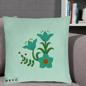 Perna Decorativa Flori Stilizate Folk Turcoaz, 40x40 cm, Verde Menta, Husa Detasabila, Perna Inclusa, BEKZ®