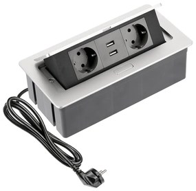 Priza incastrabila dreptunghiulara , 2 prize schuko 2 USB 5V 2.1A, aluminiu, prize negre, cablu 1.5m, GTV