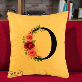 Cadou Personalizat - Perna Personalizata Monograma Florala Litera O, 40x40 cm, Galben, Husa Detasabila, Perna Inclusa, BEKZ®