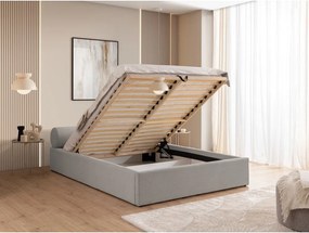 Pat matrimonial gri deschis tapițat cu spațiu de depozitare cu somieră 180x200 cm Cille – Ropez