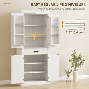 HOMCOM Dulap de bucătărie în stil country cu 2 dulapuri, 6 rafturi și un sertar, din lemn, 76x39,5x183,5 cm, alb | Aosom Romania