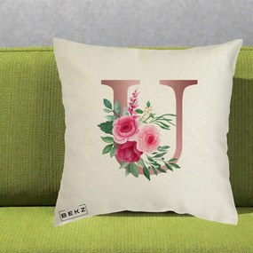 Cadou Personalizat - Perna Personalizata Monograma Rose Gold Litera U, 40x40 cm, Ecru, Husa Detasabila, Perna Inclusa, BEKZ®