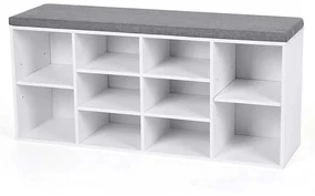 Pantofar tip taburet cu 10 compartimente, 104x30x48 cm, culoare alb, pal