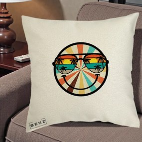 Perna Decorativa Smiley Face Retro Sunset Palmieri, 40x40 cm, Ecru, Husa Detasabila, Perna Inclusa, BEKZ®