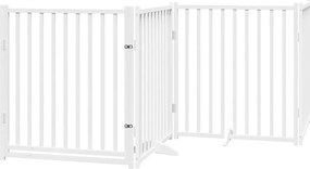 vidaXL Poartă câini pliabilă cu ușă 4 panouri, alb, 320 cm, lemn brad
