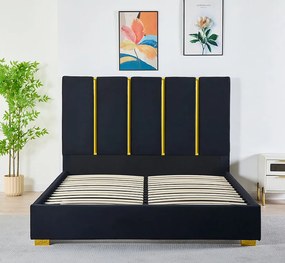 Pat Tapitat Catifea Negru 160x200 cm cu Somiera si Saltea  Inclusa ,   Cod LB-214