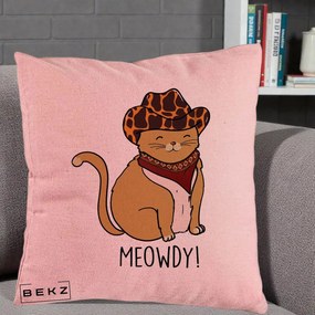 Perna Decorativa Pisica Cowboy Meowdy, 40x40 cm, Roz, Husa Detasabila, Perna Inclusa, BEKZ®