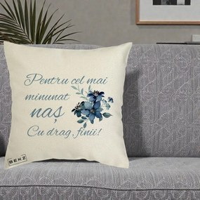 Cadou pentru Nas - Perna Personalizata Pentru Cel mai Minunat Nas Cu drag Finii, 40x40 cm, Ecru, Husa Detasabila, Perna Inclusa, BEKZ®
