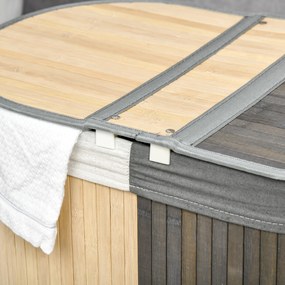 HOMCOM Cos de rufe din bambus 100L cu 2 sectiuni, capac si sac detasabil 62,5 x 37 x 60,5 cm - gri | Aosom Romania