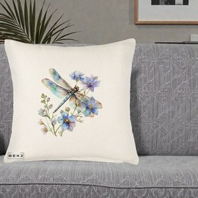 Perna Decorativa Libelula Acuarela Flori Albastre, 40x40 cm, Crem Reliefat, Husa Detasabila, Perna Inclusa, BEKZ®