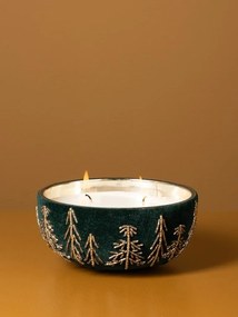 Lumânare decorativă din sticlă și catifea verde închis, brodată cu brazi aurii din mărgele, finisaj catifelat, 7 x 15 cm, „Sapinière”