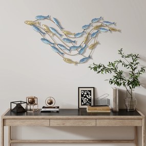 HOMCOM Artă de Perete cu Banc de Pești și Șuruburi Incluse pentru Casă și Birou, Decor Metalic, 99,7x3,8x50,2 cm, Auriu și Albastru | Aosom Romania