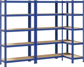 vidaXL Rafturi de depozitare cu 5 niveluri, 3 buc., albastru oțel/lemn