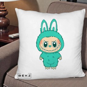 Perna Personalizata Labubu Turcoaz, 40x40 cm, Alb Pufos, Husa Detasabila, Perna Inclusa, BEKZ®