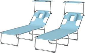 Outsunny Set de 2 Șezlonguri Pliabile Reclinabile cu Copertină 360°, Orificiu Facial, Buzunar Lateral și Textilene 550 g/m², Albastru | Aosom Romania