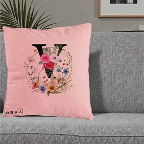 Cadou Personalizat - Perna Personalizata Monograma Florala Litera V cu Coroana, 40x40 cm, Roz, Husa Detasabila, Perna Inclusa, BEKZ®