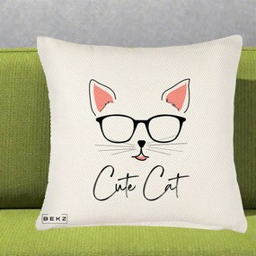 Perna Personalizata Cute Cat cu Ochelari, 40x40 cm, Crem Reliefat, Husa Detasabila, Perna Inclusa, BEKZ®
