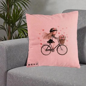 Perna Decorativa Fetita Kawaii pe Bicicleta cu Trandafiri si Inimioare, 40x40 cm, Roz, Husa Detasabila, Perna Inclusa, BEKZ®