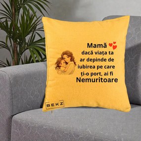 Cadou pentru Mama - Perna Personalizata Mama Nemuritoare cu Balon Inima, 40x40 cm, Galben, Husa Detasabila, Perna Inclusa, BEKZ®