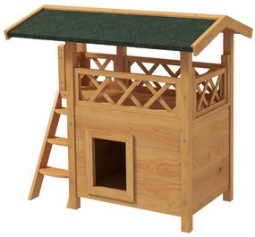 PawHut Maison lodge pentru pisici sălbatice rătăcitoare cu terasă scară 77 x 50 x 73 cm lemn natural și verde | Aosom Romania