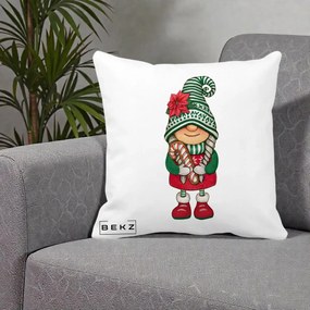 Perna Decorativa Gnom Craciun Verde cu Bomboane si Floare, 40x40 cm, Alba Mata, Husa Detasabila, Perna Inclusa, BEKZ®