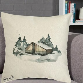 Perna Decorativa Cabana de Iarna in Padure, 40x40 cm, Ecru, Husa Detasabila, Perna Inclusa, BEKZ®