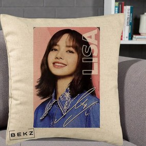 Perna Personalizata K-pop BLACKPINK Lisa cu Semnatura, 40x40 cm, Bej, Husa Detasabila, Perna Inclusa, BEKZ®