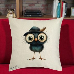 Perna Decorativa Pui Misterios cu Palarie Neagra, 40x40 cm, Ecru, Husa Detasabila, Perna Inclusa, BEKZ®