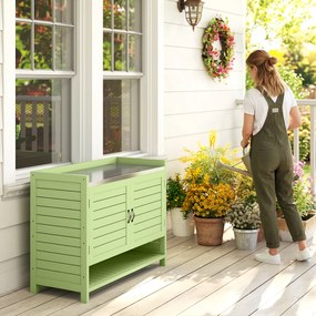 Outsunny Masă de plantat cu dulap inferior din lemn - dulap de grădină pentru exterior cu blat galvanizat, 3 rafturi, 88x40x70,5 cm, Verde | Aosom Romania