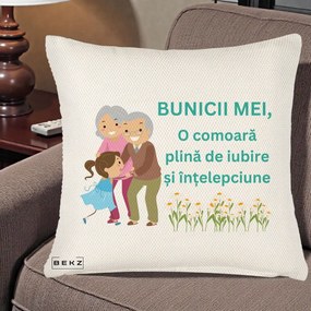 Cadou pentru Bunici - Perna Personalizata Bunicii Mei Comoara Iubire Intelepciune Nepoata, 40x40 cm, Crem Reliefat, Husa Detasabila, Perna Inclusa, BEKZ®