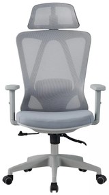 Scaun ergonomic, suport lombar reglabil, tetiera reglabila, cotiera 2D, reglare pe inaltime, mecanism inclinare/blocare in 3 pozitii, pivotant, Mesh, Gri