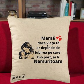 Cadou pentru Mama - Perna Personalizata Mama Nemuritoare Aproape de Bebe, 40x40 cm, Bej, Husa Detasabila, Perna Inclusa, BEKZ®