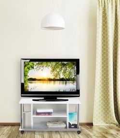 Comoda TV cu roti 3 niveluri 2 rafturi 2 compartimente pentru carti  MDF  Alb